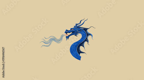 A regal dragon's blue head with fiery breath against a beige backdrop