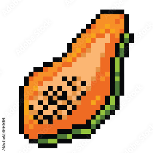 Papaya fruit sliced in half pixel art colorful illustration isolated on square white background.