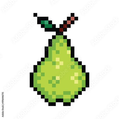 Green pear fruit pixel art colorful illustration isolated on square white background.
