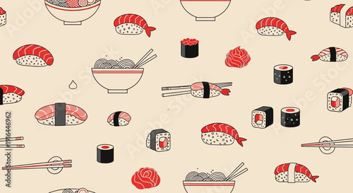 Sushi pattern with various rolls sashimi and bowls on beige background japanese food illustration