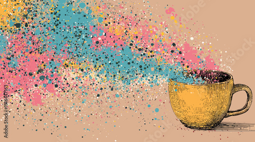 Colorful explosion emanating from a sketched coffee cup on a neutral background