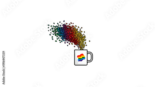 A white mug with a rainbow-colored shape, spilling out a rainbow-colored cloud on a white backdrop