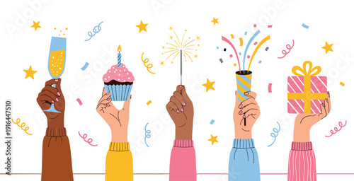 Flat vector illustration of diverse hands holding a champagne glass, cupcake, sparkler, party popper, and gift box with festive confetti.