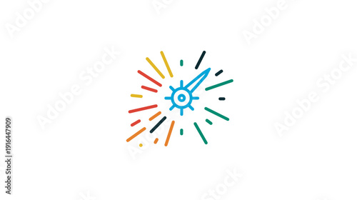 A colorful clock icon in a minimalist style, featuring a blue center and vibrant lines extending outwards