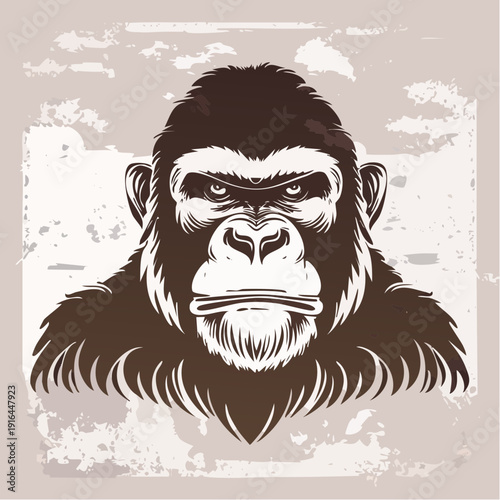 Intense vintage gorilla portrait illustration, a powerful depiction of a majestic primate with a strong gaze and distressed background, evoking wild animal strength