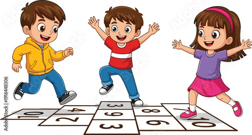 Happy cartoon children playing hopscotch on a numbered grid, cute flat vector illustration of boys and girls enjoying traditional outdoor playground games and physical activity.