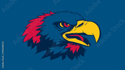 A stylized bird head depicted frontally, featuring a yellow beak, red accents, and a blue background