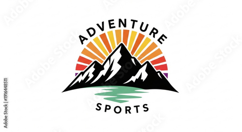 Vibrant mountain landscape with adventure sports logo