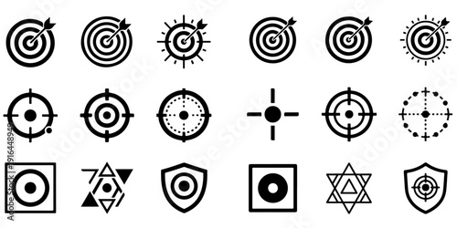 Target and aim icon set, crosshair, bullseye vector, precision, accuracy, and focus icon for aiming, archery, shooting, or navigation