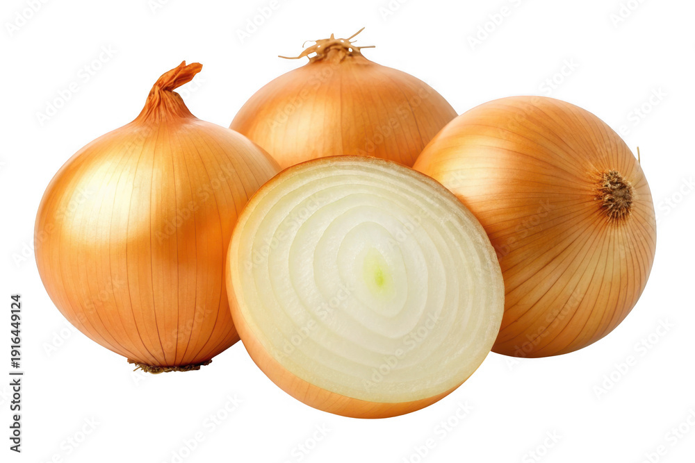 Fototapeta premium Three whole onions and one sliced onion on a white background