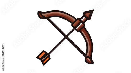 An illustrated depiction of a bow and arrow with brown and orange hues against a white backdrop