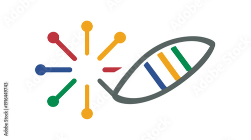 Colorful abstract illustration of a DNA strand with radiating lines on a white background