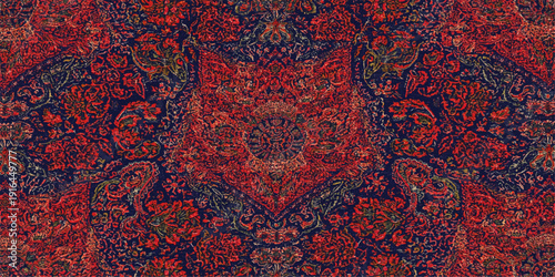 A seamless vintage damask pattern features a red knitted fabric texture with antique floral ornaments and baroque swirl decorations for a retro textile backdrop design