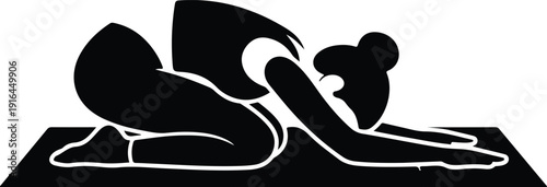 Active woman practicing balasana yoga pose on a mat silhouette vector illustration