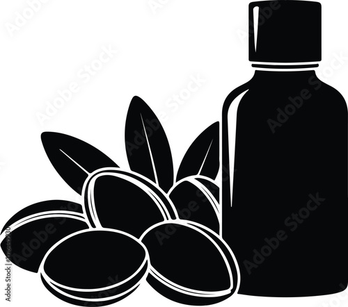 Argan oil bottle with organic seeds and leaves silhouette vector illustration