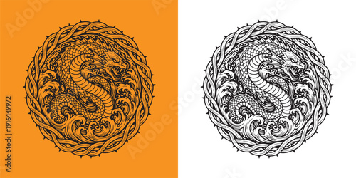 Circular Leviathan Sea Dragon with Ornate Knotwork Border