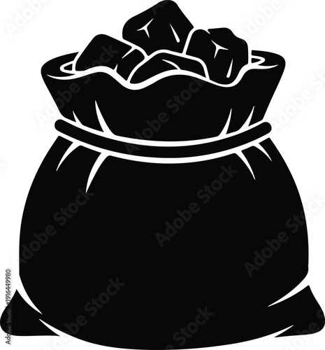 Black sack filled with chunks of coal or charcoal silhouette vector illustration
