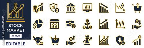 Premium Gold Stock Market Trading and Business Finance Vector Icon Set