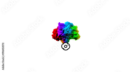 A vibrant burst of colors emanates from a minimalistic, stylized circular shape against a white backdrop