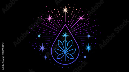 A stylized illustration features a cannabis leaf inside a teardrop shape with stars bursting