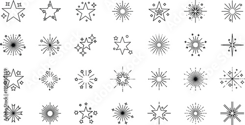 Sparkle and star icons set featuring various celestial symbols bursts and twinkling elements for festive decoration magic shining effects branding and celebration vector.