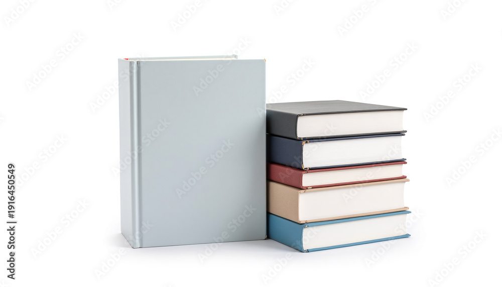 Fototapeta premium Stacked books with one open book on white background 