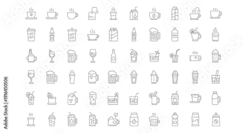 Variety of Beverages and Drinks Outline Icons Set on Isolated White Background, featuring coffee, tea, alcoholic drinks, and fresh juices.
