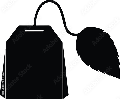 Single herbal tea bag with small leaf tag silhouette vector illustration