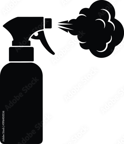 Spray bottle emitting a mist cloud of liquid cleaner silhouette vector illustration
