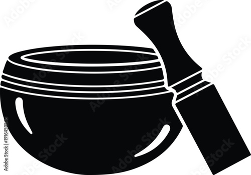 Tibetan singing bowl with mallet for meditation and yoga silhouette vector illustration