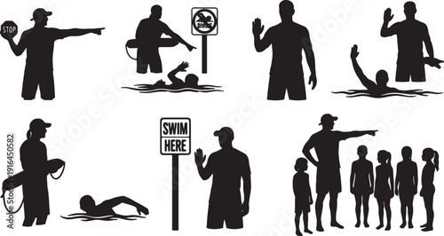 Black Solid Lifeguard Instructing Swimmers on Safety Rules Silhouettes Set of Six on White Background