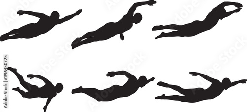 Black Solid Lifeguard Rescue Swimming Silhouettes Set of Six on White Background