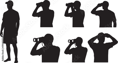 Black Solid Lifeguard Scanning Beach Silhouettes Set of Six on White Background
