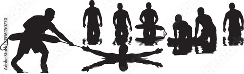 Black Solid Lifeguard Shallow Water Rescue Silhouettes Set of Six on White Background