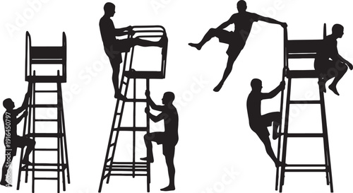 Black Solid Lifeguard Stand Climb Silhouettes Set of Six on White Background