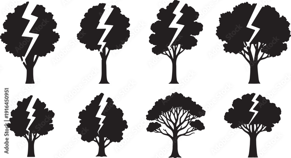 Fototapeta premium Black Solid Lightning Struck Tree Silhouettes Set of Six on White Background
