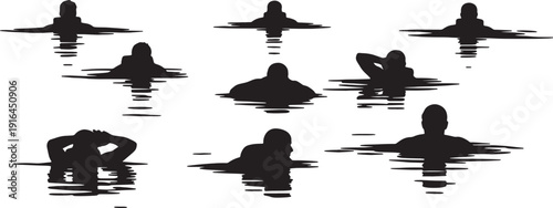 Black Solid Lifeguard Conducting Water Search Pattern Silhouettes Set of Six on White Background
