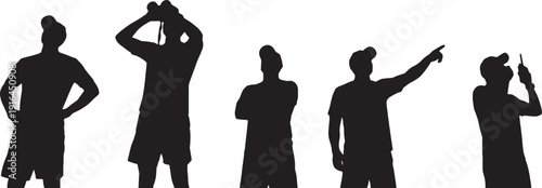 Black Solid Lifeguard Observing Weather Conditions Silhouettes Set of Six on White Background