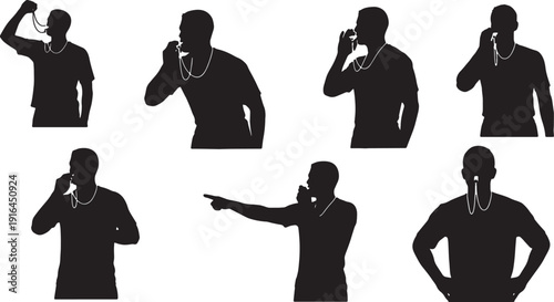 Black Solid Lifeguard Whistle Alert Silhouettes Set of Six on White Background