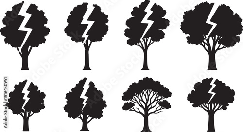 Black Solid Lightning Struck Tree Silhouettes Set of Six on White Background