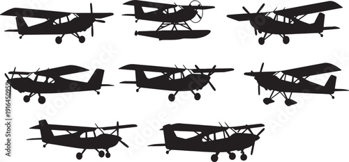 Black Solid Light Utility Aircraft Silhouettes Set of Six on White Background