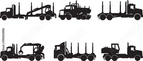 Black Solid Logging Truck Silhouettes Set of Six on White Background
