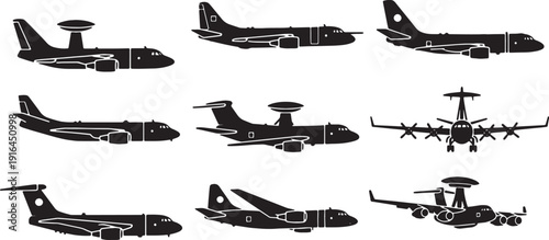 Black Solid Long-Range Patrol Aircraft Silhouettes Set of Six on White Background