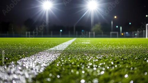 pitch. An empty soccer field under glowing stadium lights with remnants of confetti. event key visuals, club posters, designed for sports event promotions and stadium branding.