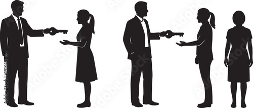 Black Solid Manager Giving Key Silhouettes Set of Six on White Background