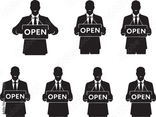 Black Solid Manager Holding Open Sign Silhouettes Set of Six on White Background