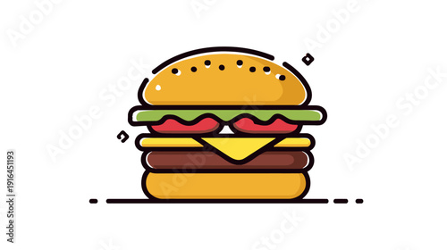 A vibrant, flat-style illustration of a stacked burger with classic ingredients