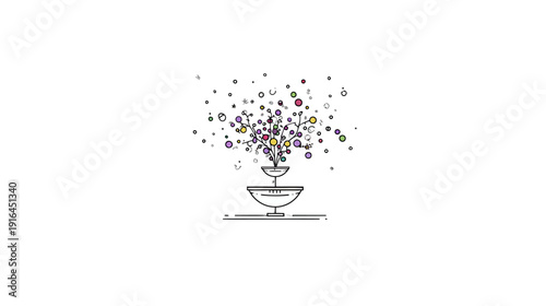 Minimalist illustration of a fountain with stylized plant-like elements and scattered colored shapes