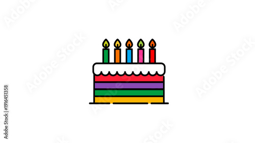 A colorful, tiered cake with five lit candles. Decorated with a creamy frosting topping