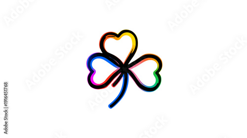 A stylized shamrock illustration with rainbow color gradients, set against a pristine white background